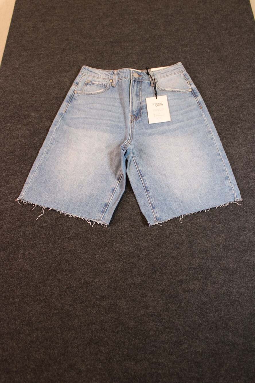 Insane Gene High Waist Light Wash Raw Hem Denim Bermuda Shorts